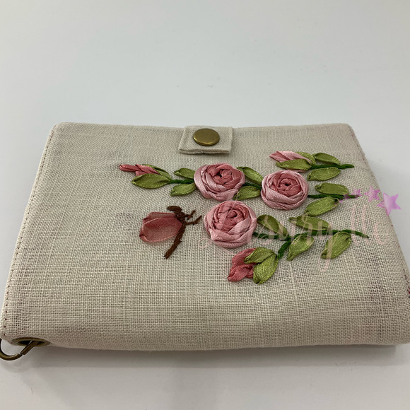 Pink Tiny Rose Embroidery Passport Wallet & Silk Mask, Wedding Gift, Versatile - Picture 4 of 15